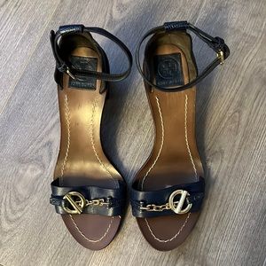 Tory Burch Navy Buckle Block Heel